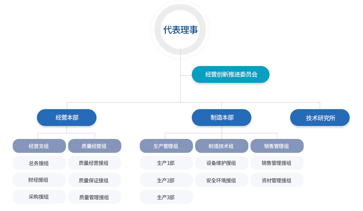 대표이사 - 경영이사(경영지원2명-총무팀,경리팀, 품질경영4명-품질보증,품질관리), 제조이사(생산관리3명, 제조기술1명, 영업관리 4명), 기술연구소1명 / 인원구성-대표이사1,상무이사1,관리이사1, 부장1, 차장2, 과장2, 대리3, 사원51